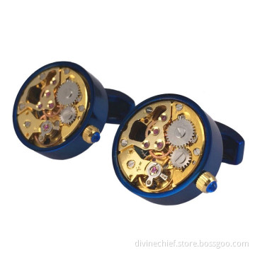 Make Custom Golden Movement Cufflinks With IP Blue Plated Stainless Steel Watch Movement Cufflinks